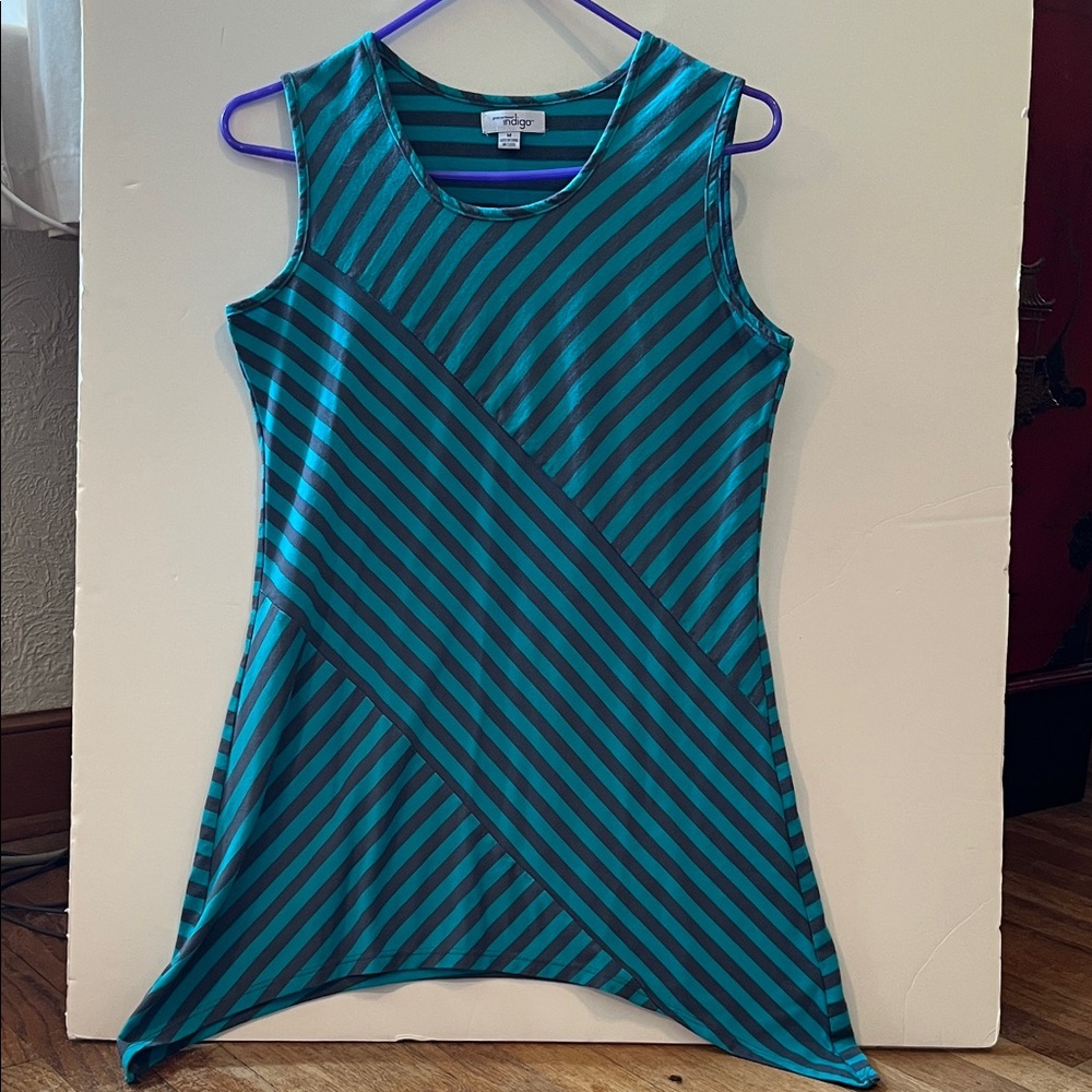 Indigo Teal and Black Striped Sleeveless Shirt; Asymmetrical design;